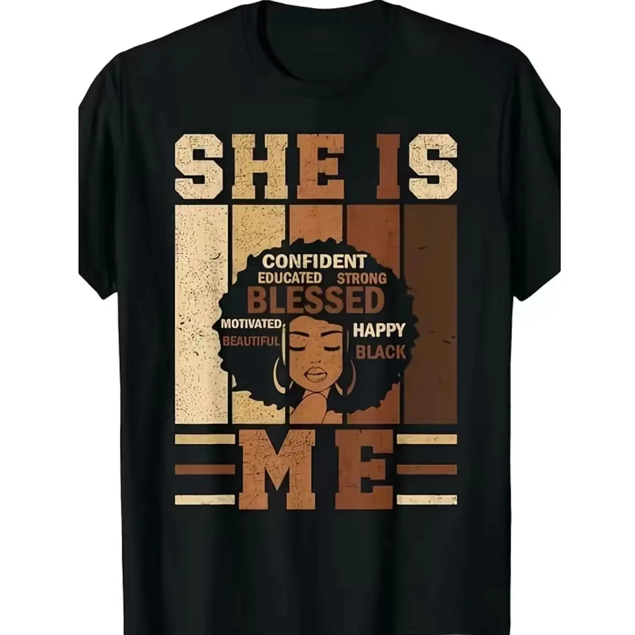 She Is Me Melanin Shades Vertical Stripes Afro Woman Graphic T-Shirt Confident Educated Strong Blessed Positive Affirmation Black Queen Vintage Distressed Print Black Short Sleeve Black Women Casual Loose Fit Tee