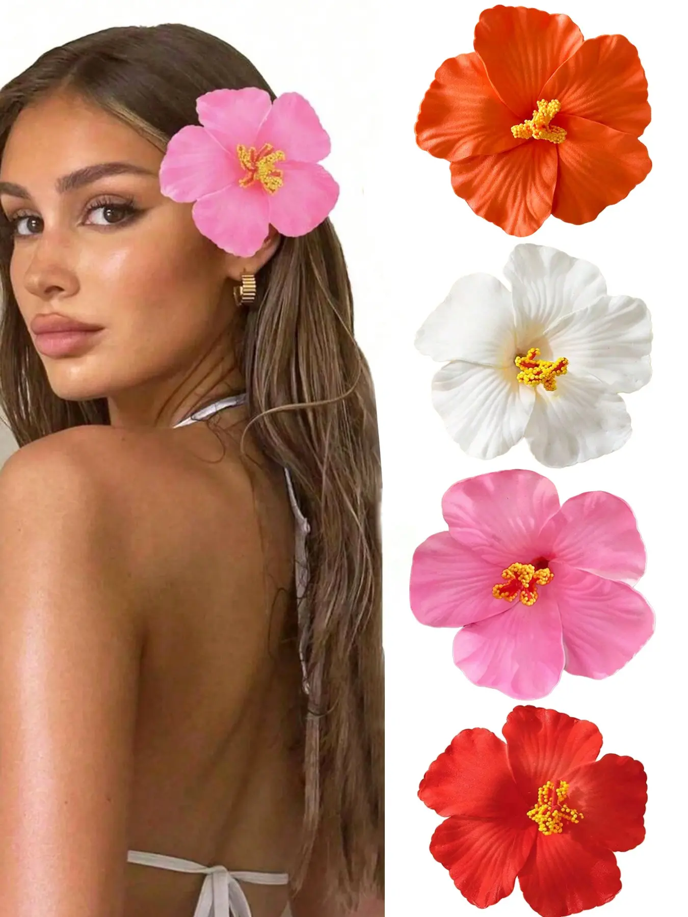 4 Pcs Hibiscus Hawaiian Party DIY Headpiece Decoration, Artificial Flower Hula Girl Souvenir, Summer Beach Vacation Boho Flower Hair Accessories for Women & Girls