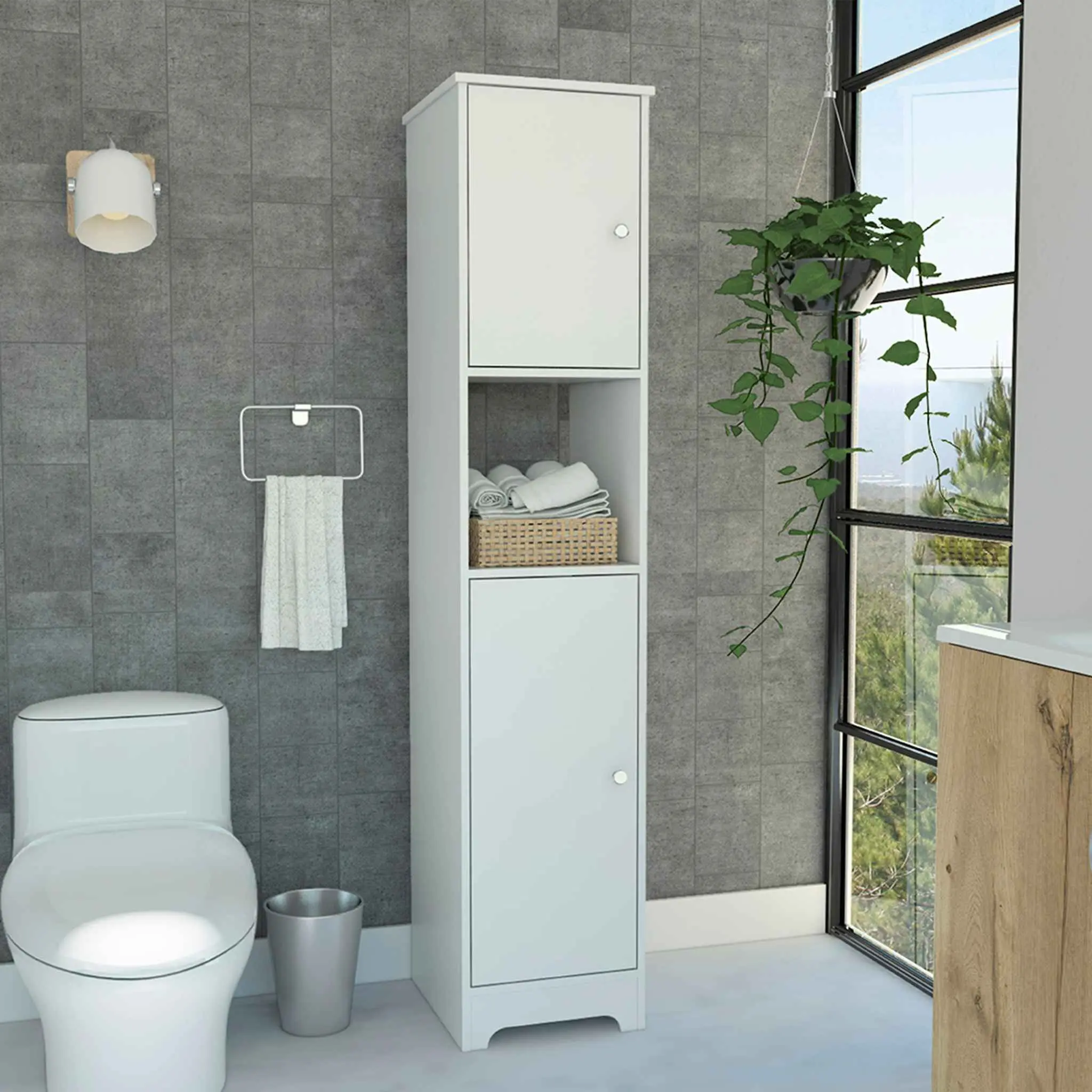 Nokaa 68" Tall Storage Cabinet with 2 Doors and 4 Shelves, Freestanding Linen Cabinet for Bathroom, Bedroom, Living Room, White Engineered Wood, Single Door Cabinet with Open Shelf, Organizer for Towels, Toiletries, Decor