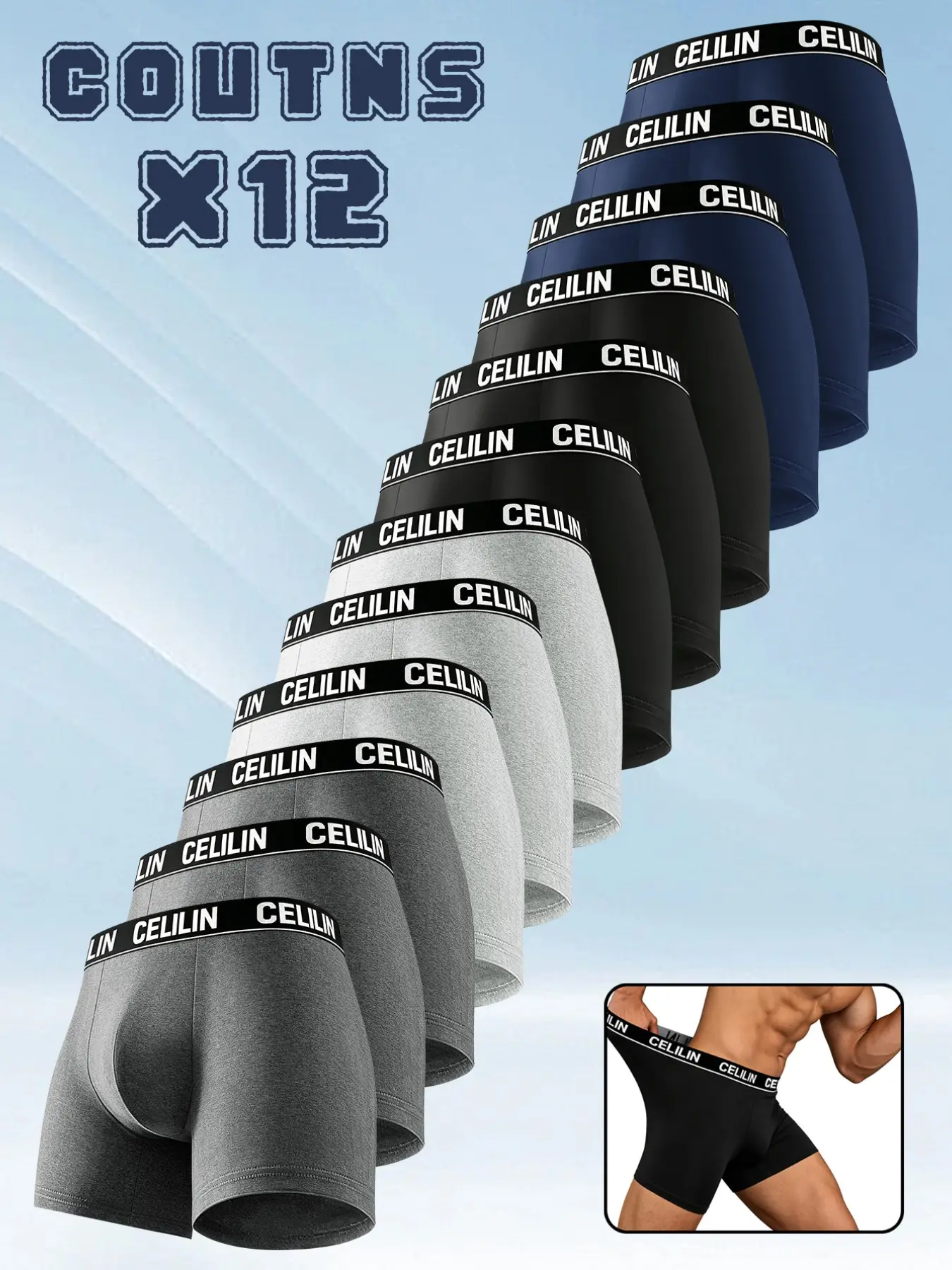 12 pcs solid color men's sports Long style flat cornered underwear, Soft - comfortable and elastic fabric, Suitable for daily fitness exercise outdoor sports running, Skin friendly and smooth men's underwear, home casual wear, suitable for all seasons.