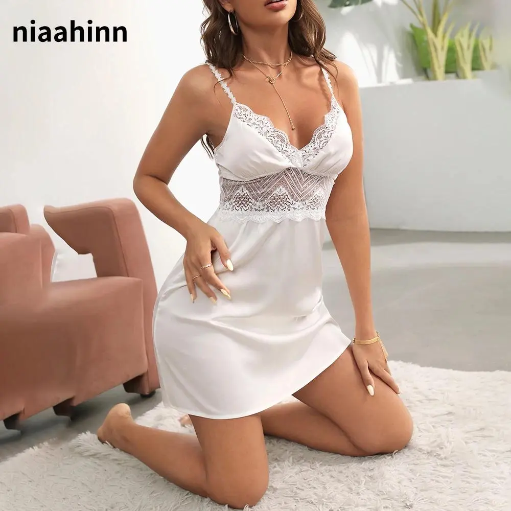 Women's Chic Silk Patchwork Loungewear Dress - Sleeveless, V-Neck, Strapless, Loose-Fitting, XL, Mini, Lace-Up Detail, Sleeping Gown