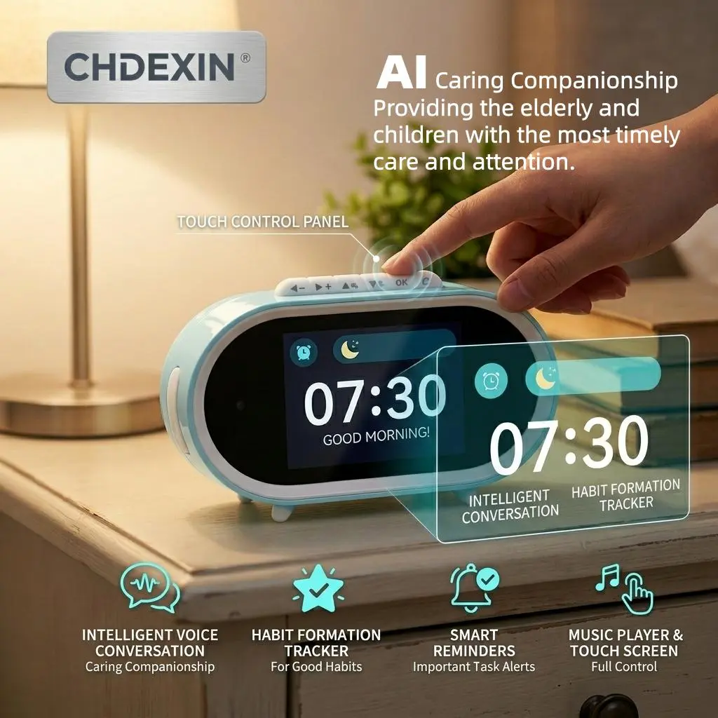CHDEXIN Smart AI Home Guardian & Touchscreen Clock, Stopwatch-Timer with Voice Control, Medication/Task Voice Reminders, Portable MP3 Speaker, Type-C Charging, Portable Size, Set, Decor