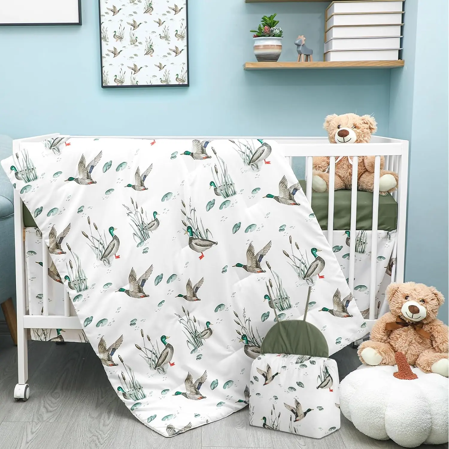 4 Piece Mallard Duck Crib Bedding Set - Includes Crib Skirt, Blanket, Crib Sheet & Diaper Stacker, Soft Neutral Standard Size Nursery Baby Bedding for Baby Girls and Boys