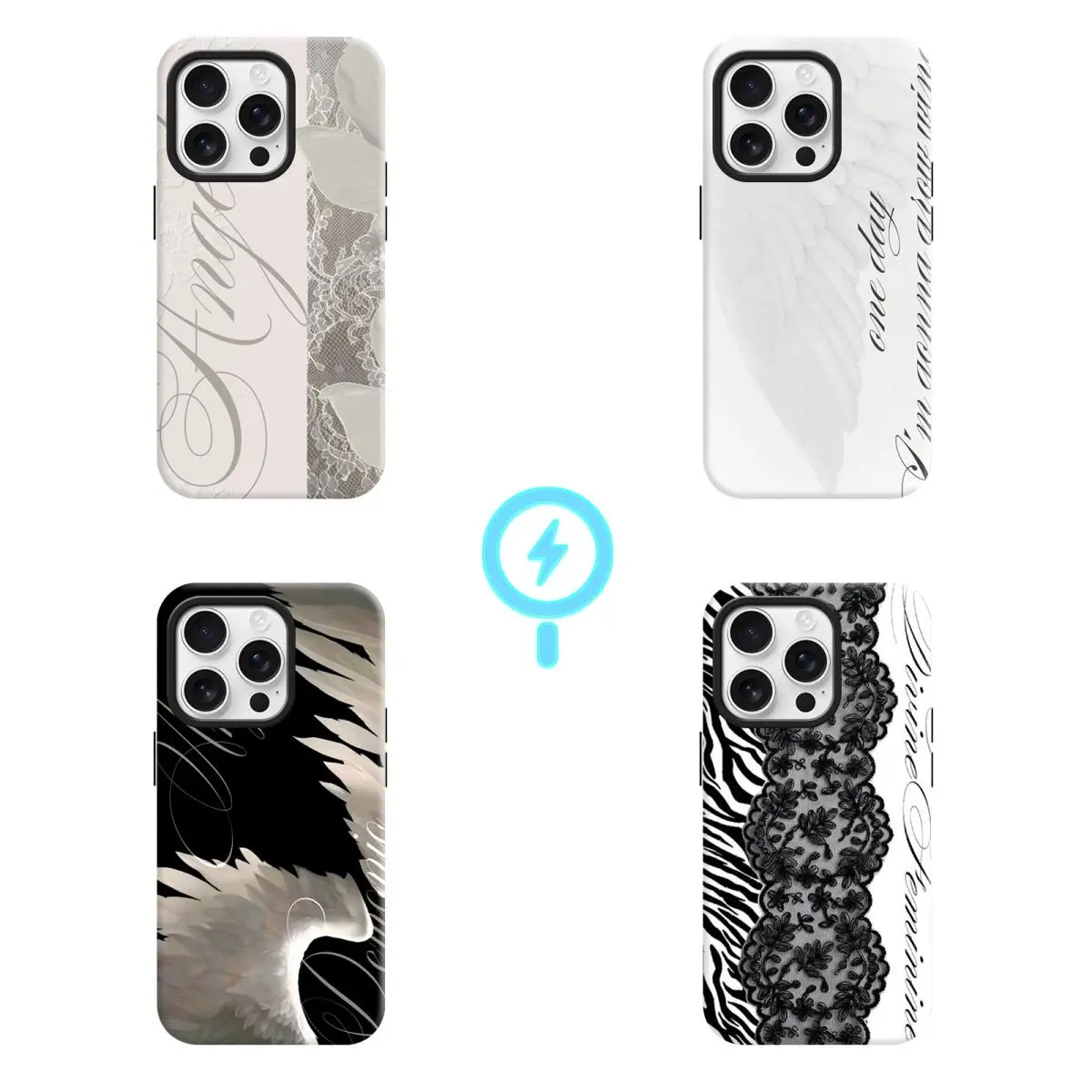 Women's Angel Wing & Lace Magnetic Smartphone Case - 2-in-1 Korean Style Handheld Devices Protection, Aesthetic Coquette Black White Print, Shockproof Hard PC + Soft TPU Bumper, Slim Waterproof Camera-Safe Cellphone Accessory