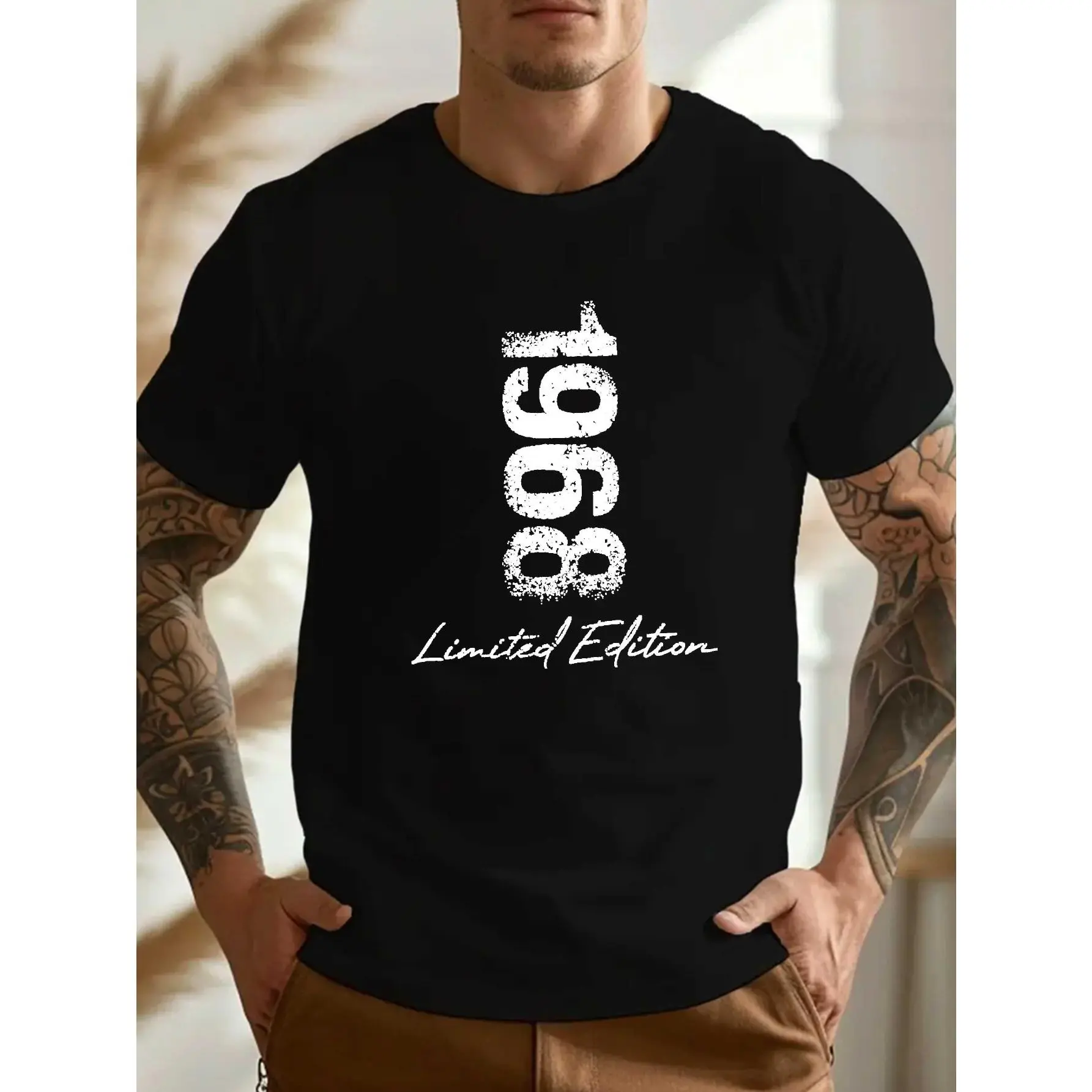Men's 1968 Limited Edition Casual Round Neck Short-Sleeve Digital Print Pleated 100% Cotton Plus-Size T-Shirt - Machine Wash, Medium Length, Extra Large Size for Teenagers