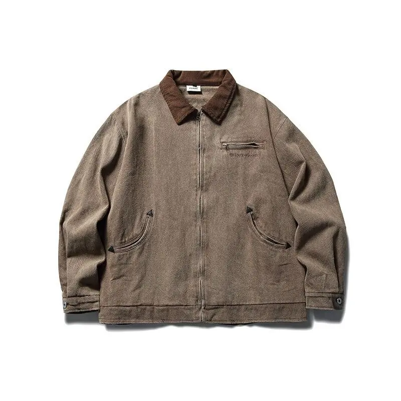 Vintage Washed Letter Embroidered Denim Jacket, Unisex Loose Fit, Workwear Coat Clothes Menswear Tops Gamis Beige Black Casual Long Sleeve