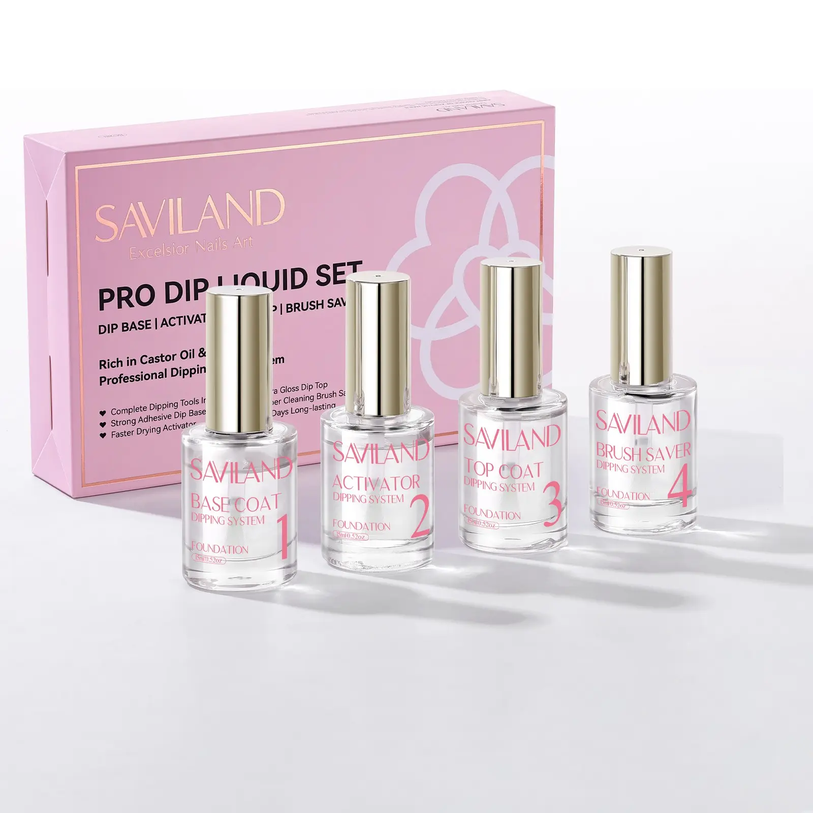SAVILAND Dip Powder Liquid Set Dip Powder Nail Kit 15ml 0.5oz Nail Dip Liquid Set with HEMA Free Base Top Coat Activator Brush Saver Acrylic Gel Nail File No UV Curing Needed for DIY Home Manicure