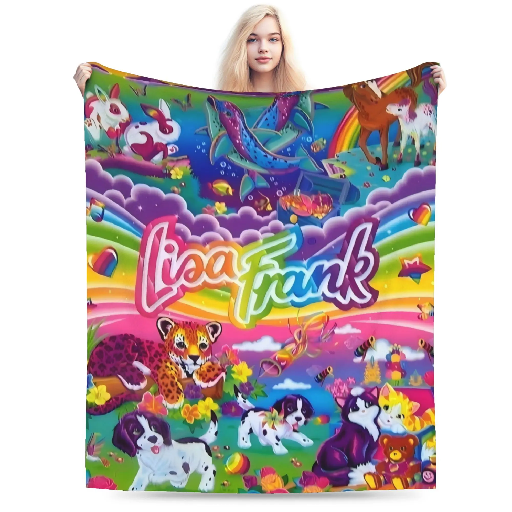 A gorgeous Lisa Frank cartoon animal print blanket, soft, durable, and machine washable, suitable for sofas, beds, offices, or camping trips.