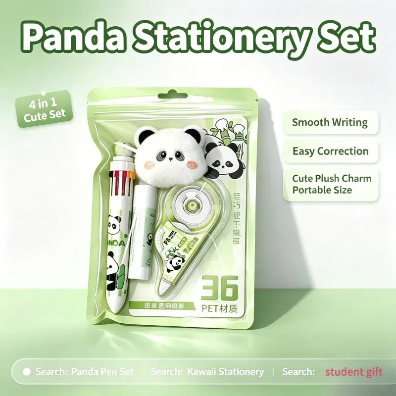 Cute Panda 4pcs Stationery Set, Writing Stationery, Multi Color Ballpoint Pen, Correction Tape, Glue Stick, Fluffy Panda Topper, Kawaii School Supplies for Kids