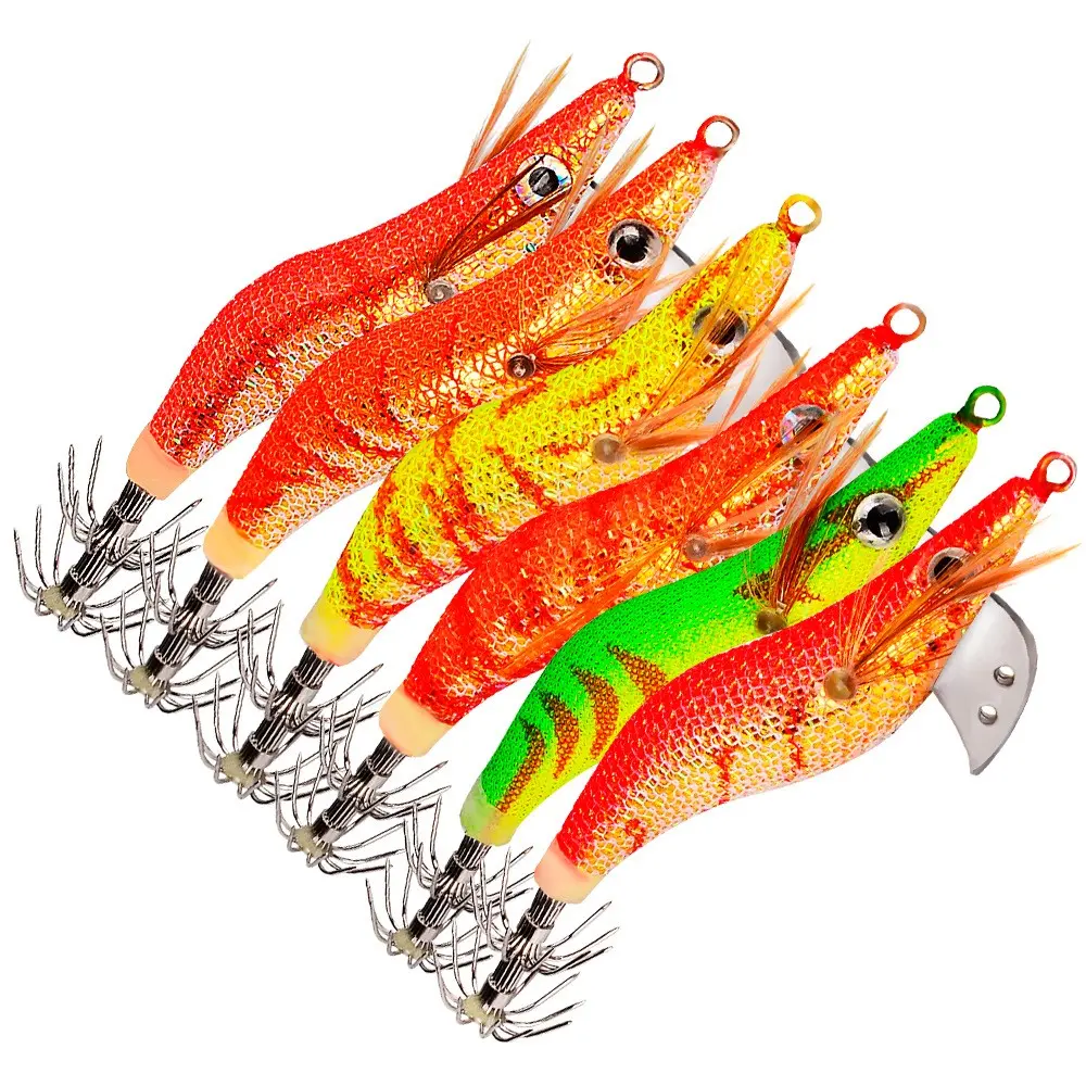 Wooden Shrimp Squid Bait Set, 6 Mixed Color Glow-In-The-Dark UV Fake Baits, Stainless Steel Hook with Flow Control Plate, Sea Fishing Lures