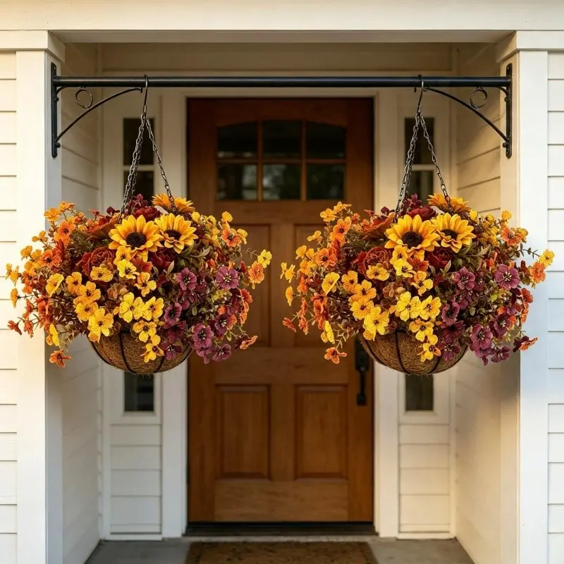 2 Sets Autumn Artificial Hanging Flower Baskets, Decorative Sunflower Arrangement, UV-Resistant, Weatherproof, Metal Chain, Ideal for Home Decor