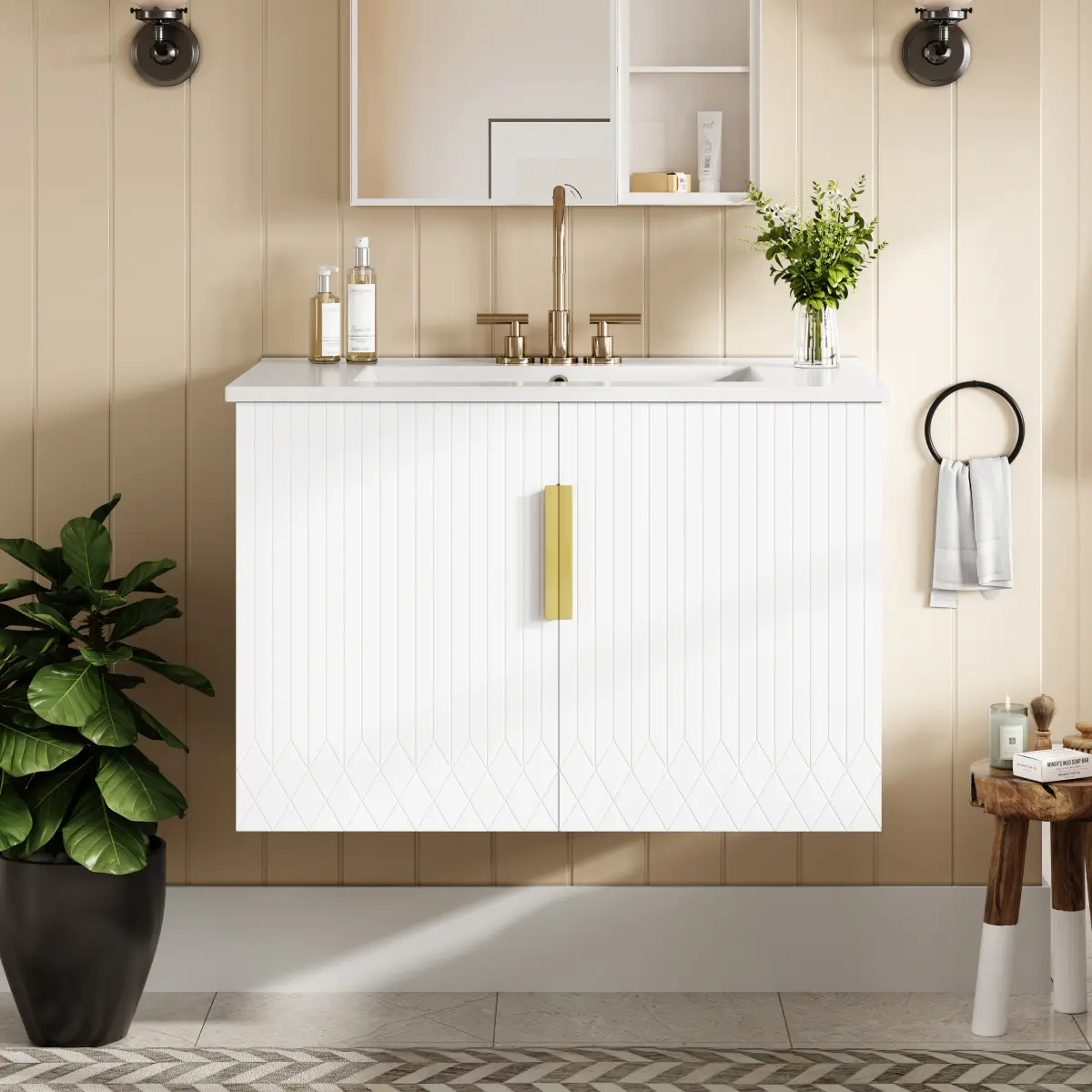 Aobtkel 30" Wood Bathroom Vanity Cabinet - Classic Simple Clean Design Floor Cabinet with 3-Hole Ceramic Single Sink, 2 Soft-Closing Doors, Adjustable Built-In Storage, Assembly Required