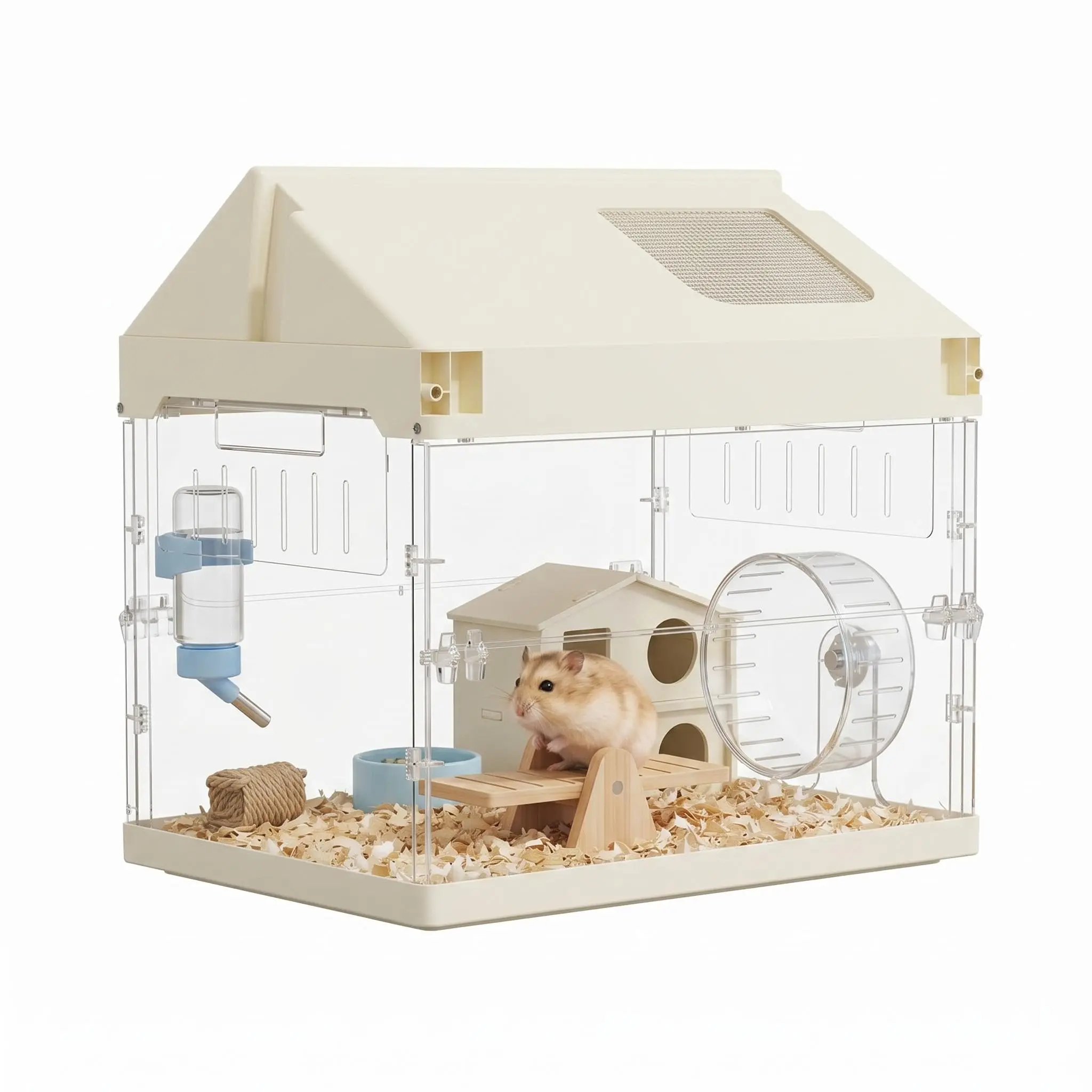 Large Clear Acrylic Hamster Cage Starter Kit with Accessories, Chew-Resistant Ventilated Small Animal Habitat with Exercise Wheel, Platform, Water Bottle, Hideout and Food Bowl for Hamsters, Gerbils, Mice and Rats, Beige