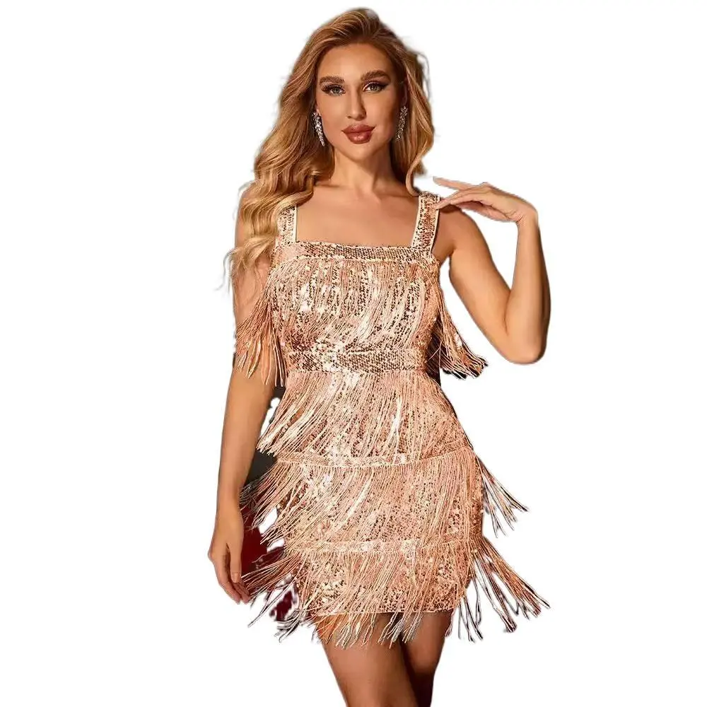 Women's Sleeveless Off-Shoulder Sequin Fringe Hem Bodycon Mini Flared Dance Dress - Party Dancewear for Dance Events