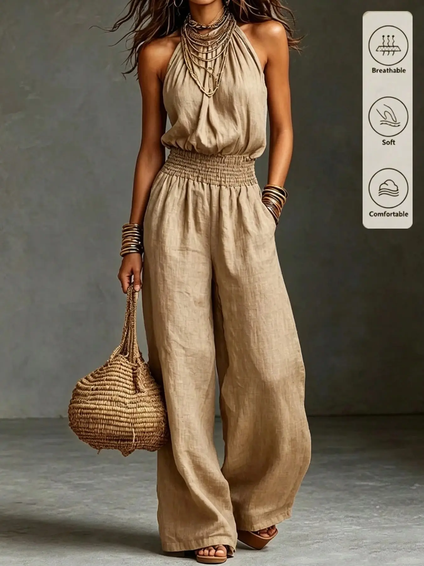 Elegant French Retro Boho Bohemian Jumpsuit for Women, Waist Cinched Design, Perfect for Beach Vacations, Holiday Casual, Country Style Parties