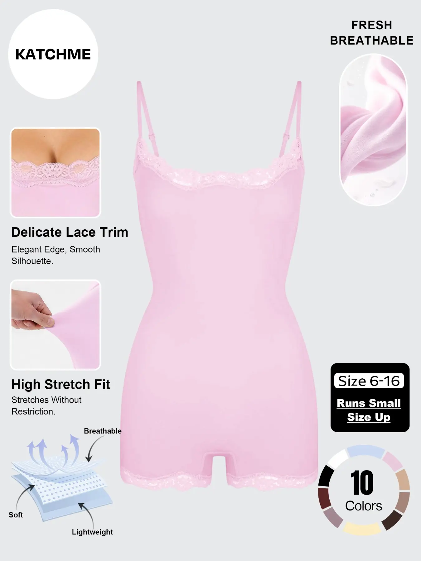 Women's Solid-Color Stretch Romper with Lace Trim & Adjustable Thin Spaghetti Straps, Lightweight Slightly Sheer Adjustable Strap Quick-Drying Flattering Bodysuit, Featuring Seamless Sweat-Wicking Design for Outdoor Clothing