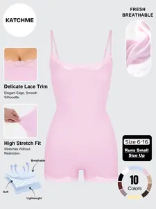Women's Solid-Color Stretch Romper with Lace Trim & Adjustable Thin Straps, Lightweight Slightly Sheer Adjustable Strap Quick-Drying Flattering Bodysuit, Featuring Seamless Sweat-Wicking Design for Outdoor Clothing