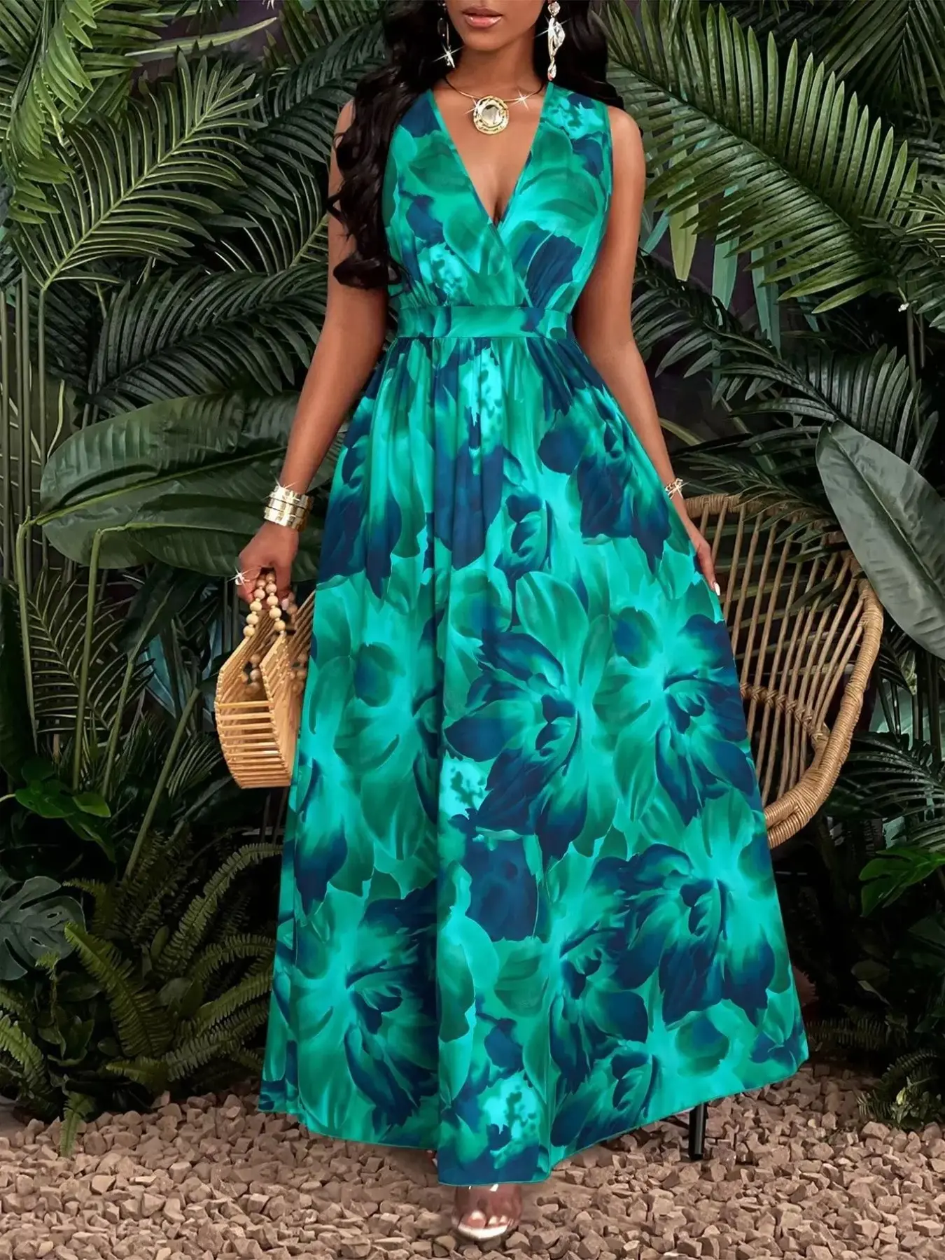 Women's New Summer Tropical Print V Neck Waistband Sexy Long Dress, Casual Daily Wear, Elegant Style, Sleeveless, All over Print