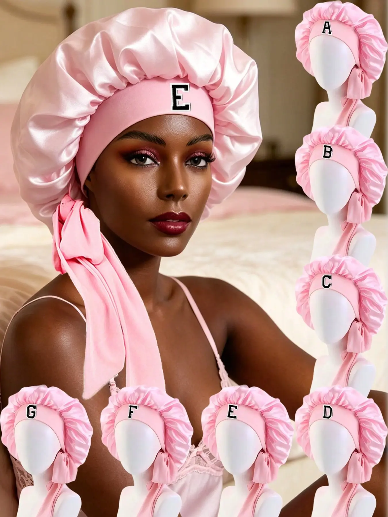 1PC Pink Custom A-Z Letter Satin Sleep Bonnet, Wide Band Hair Bun Cover Hat, Soft Anti-Frizz Haircare Night Skincare Cap For Adult Home Night Routine, Unique Custom Surprise Birthday Gift For Teen Girl Bestie