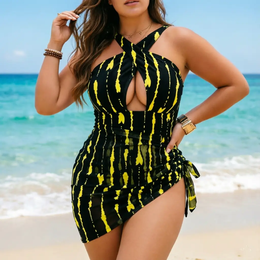 Women's Plus Size 2026 Summer Abstract Black & Yellow Printed Halter Neck Backless Bandeau Swimdress - Backless Bathing Suit, Deep V Cutout, Side Tie, Ruched Tummy Control, Slimming Shape Body Curve Swimwear