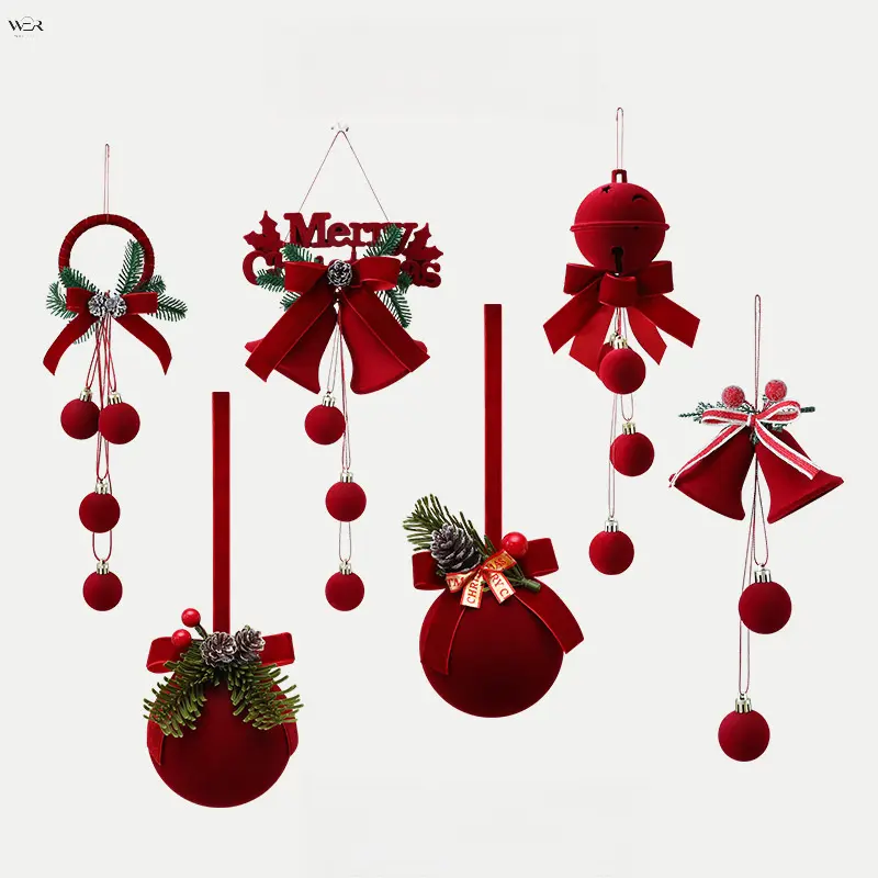 Red Flocking Christmas Ornaments, Velvet Bell Ball Wreath Hanging Decor with Pine Cone Pine Needle Bow, Xmas Tree Window Door Wall Home Holiday Decoration Multiple Styles