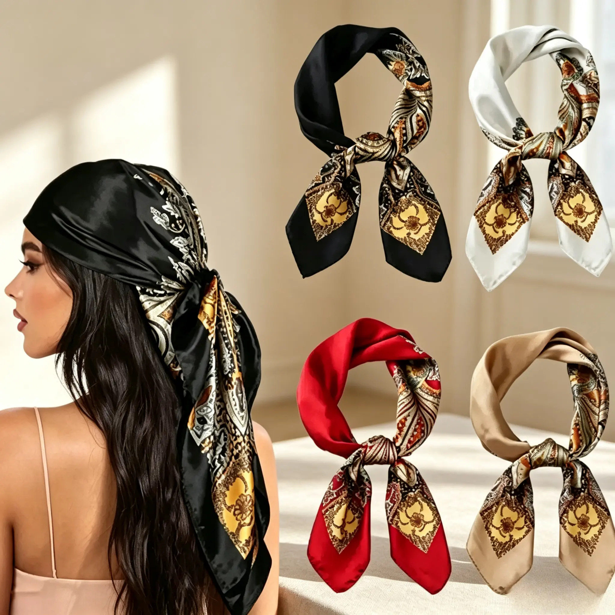 Women's 4-Piece 27-Inch Satin Silk Square Headscarf - Elegant Soft Bandana, Scarf Head Wrap, Fabric Wrap, Motif Print, Satin Lined, Bandana Headwrap Neckerchief, Versatile Accessory for Daily Styling, Date Night (Ideal for Scar Coverage), Fabric Wrap Neck