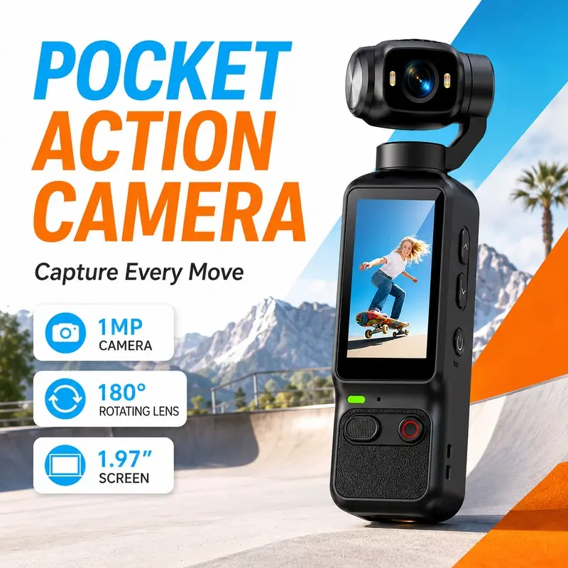 Mini Pocket Vlogging Camera, 1MP Digital Action Camera Supporting HD Video, 180 Rotatable Camera, 1.97-Inch Display, One-Click Photo, Portrait Focus, Type-C Charging and Universal Mount for Sports, Trips and Daily Recording