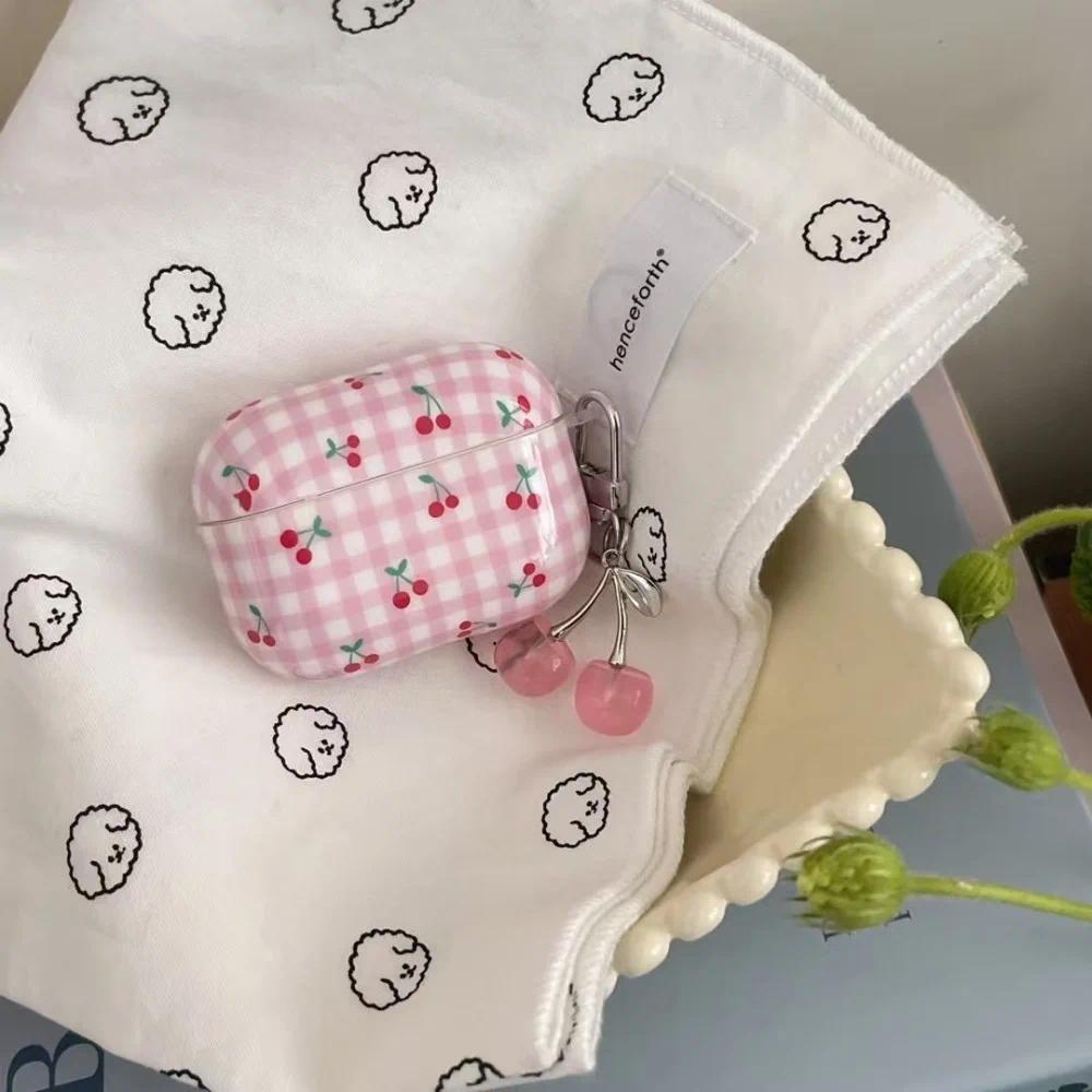 Cute Pink Plaid Cherry AirPods Case – Soft Shockproof Protective Cover, Durable Anti-Drop Shell for AirPods 1/2/3/4/Pro/Pro 2