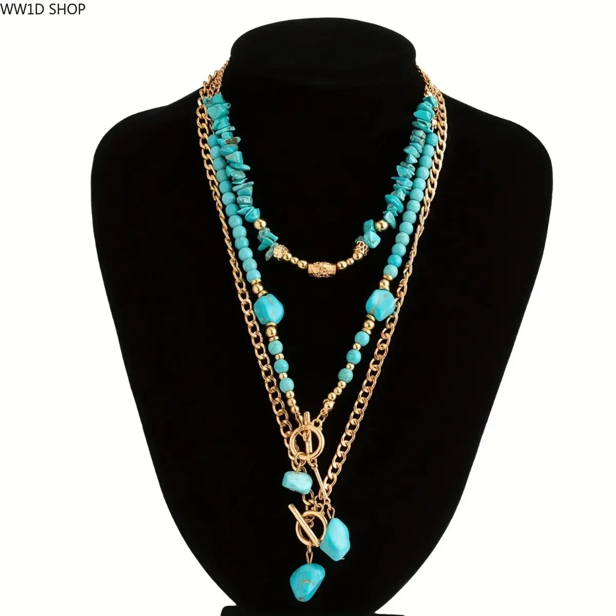 Women's 3-Piece Bohemian Flair Turquoise Synthetic Stone Beaded Layered Necklace Set - Bejeweled Style, Colorful Bead Accents Necklaces, Elegant Free-Spirited, Turquoise Jewelry for Parties, Daily Wear