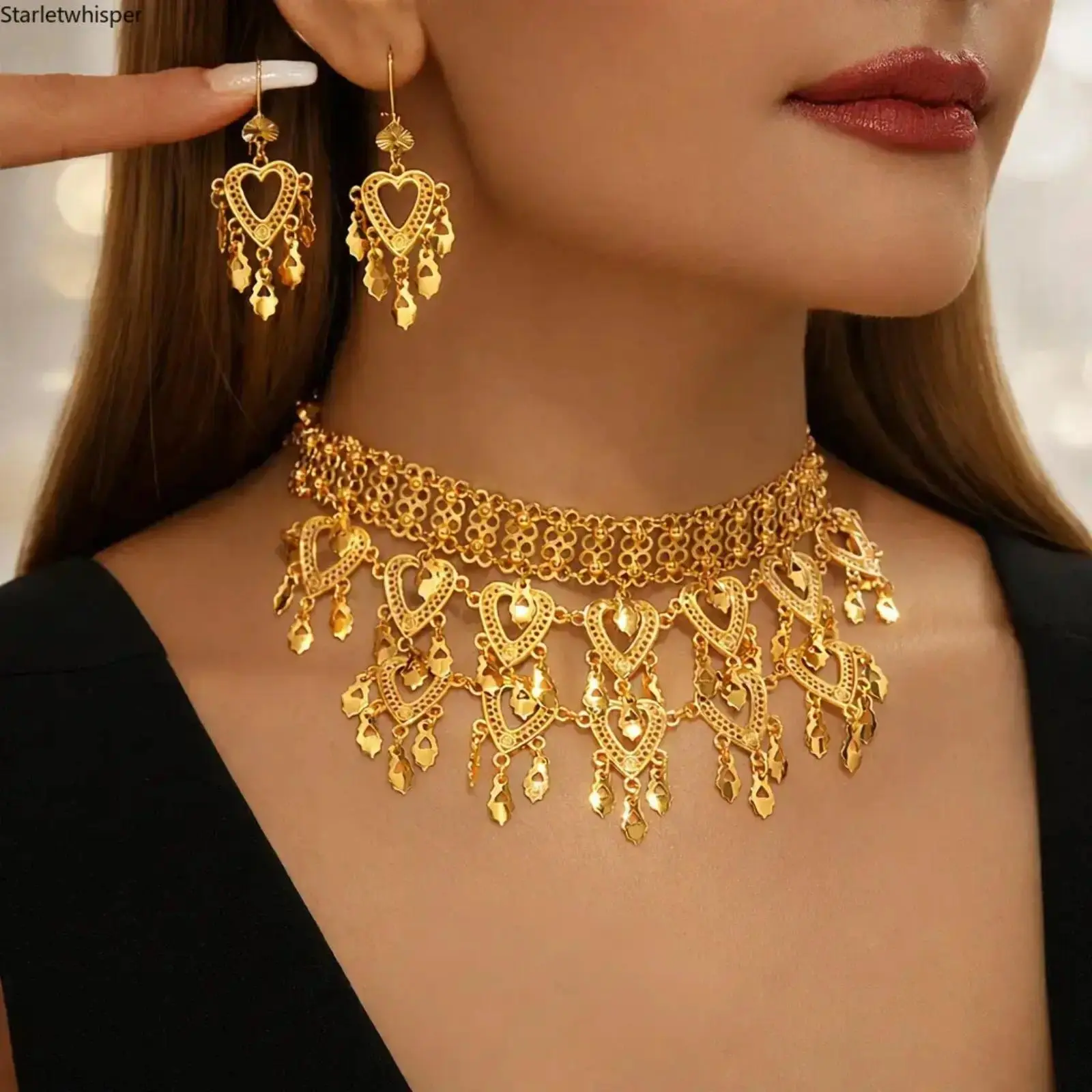 Female Vintage Boho Heart Motif 2-Piece Jewelry Set - Adjustable Filigree Tassel Dangle Choker Necklace & Earrings, Lightweight Comfortable Party Wear, Wedding Dancewear Gift