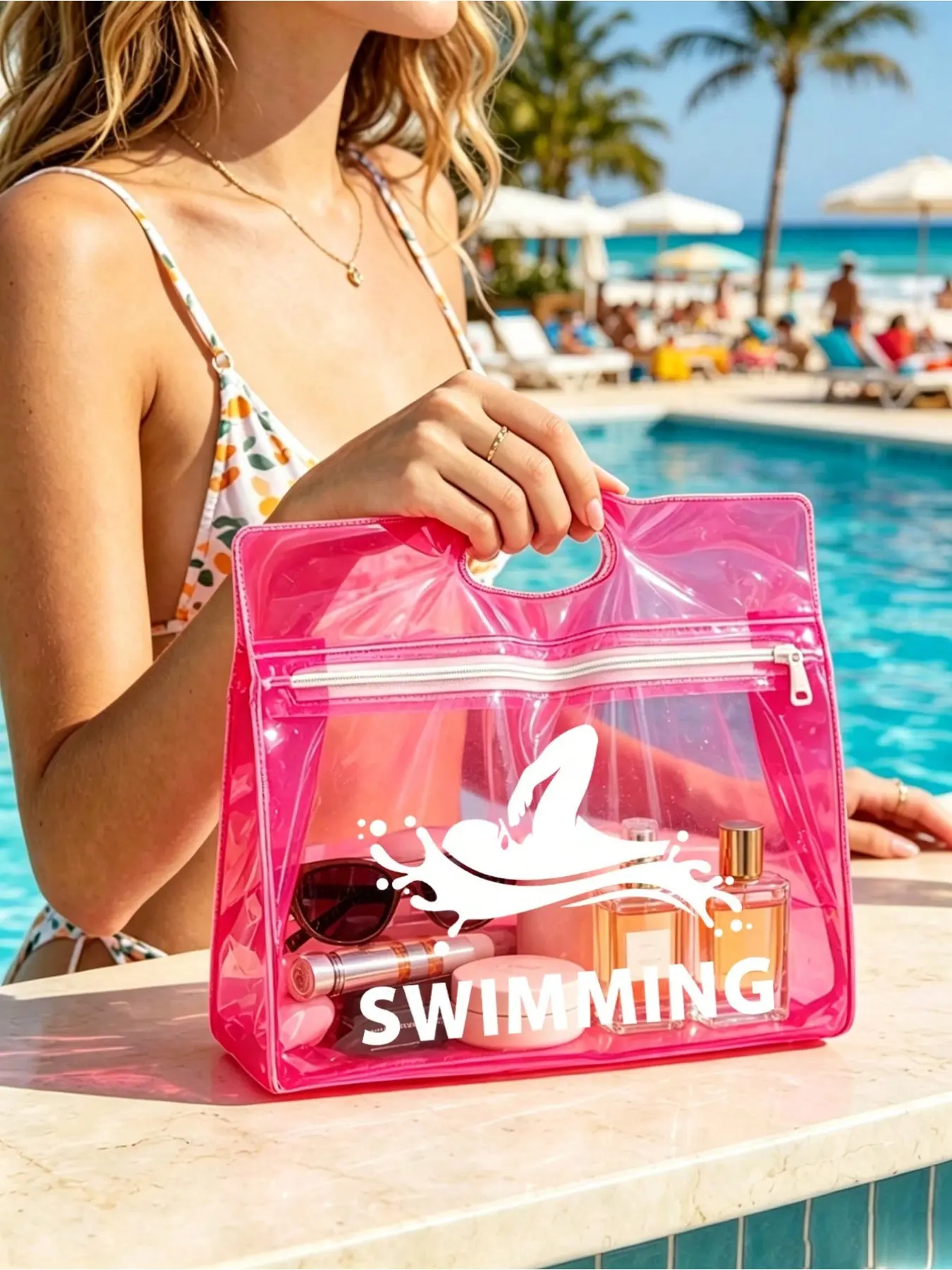 EVA swim bag with wet-dry separation design. Transparent portable pouch for swimwear, beach essentials and Swimming Accessories. Ideal for swimming, surfing, kayaking, gym, travel and daily storage. A nice gift for swimming lovers.