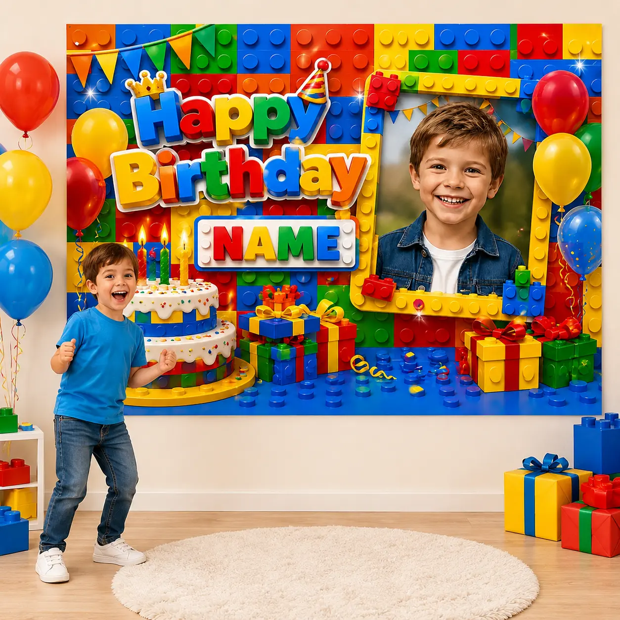 Personalized Building Block Birthday Backdrop, Custom Name & Photo Colorful Toy Brick Party Banner, Kids Birthday Photo Background