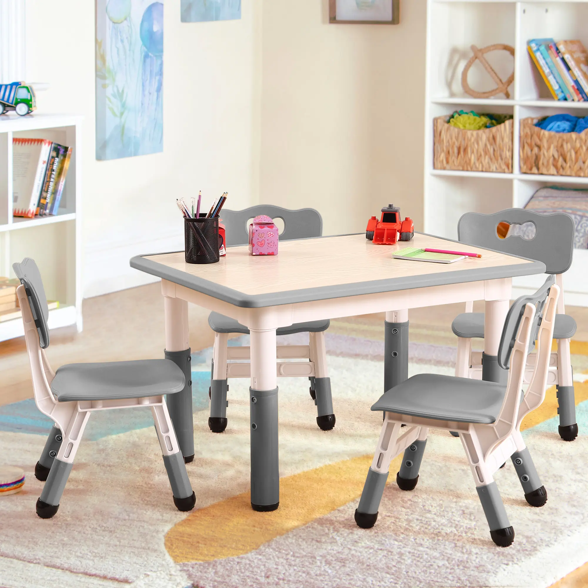 Adjustable Kids Table & 4 Chairs Set – Graffiti-Resistant, Non-Slip, Multi-Activity Desk for Ages 2-10 – Ideal for Study, Arts, Daycare, Study Area, Home