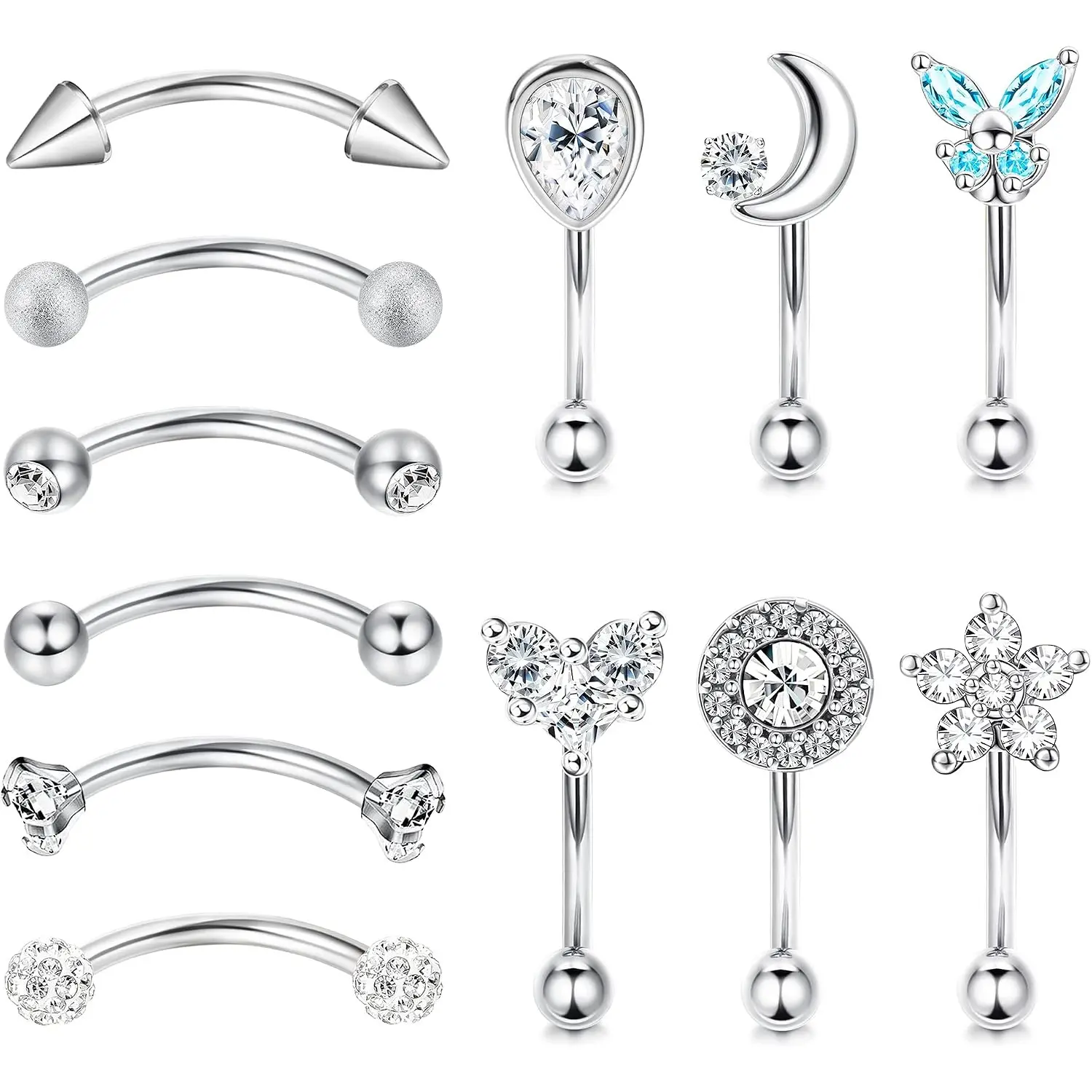 Women's Fashion 12-Pcs 16G Curved Barbell Body Jewelry - Casual Daily Rook Eyebrow, Lip, Belly Piercing Accessories for Females, Anti-Tarnish, Standard Gauge, Steel