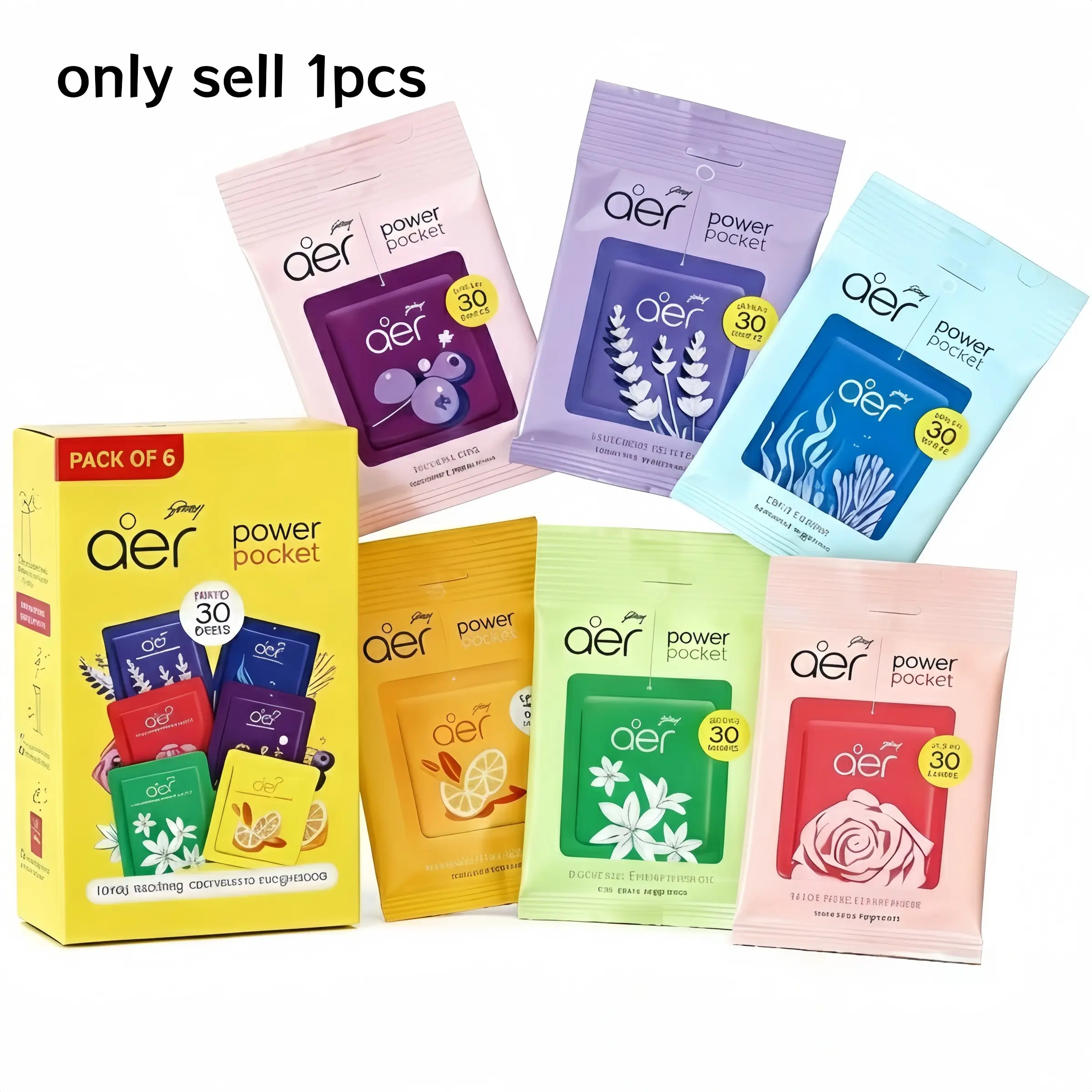 Aer Power Pocket Hanging Fragrance Sachets, Aroma Scented, Aromatic Scents, Up to 30 Days Fresh Scent, Odor Removing Air Freshener for Wardrobe, Closet, Bathroom & Car, Multiple Floral Scents