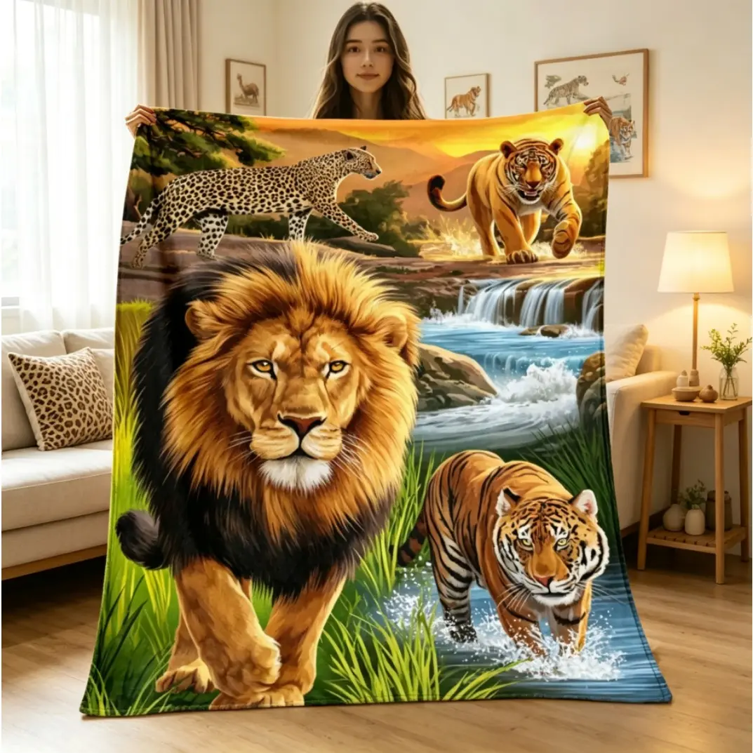 Lion HD Print Flannel Blanket, Soft Warm Wildlife Throw Blanket with African Savanna Lions Tigers Cheetahs Design, Cozy Fleece Blanket for Adults & Kids, Perfect for Bed Sofa Camping Travel Home Decor Gift All Seasons