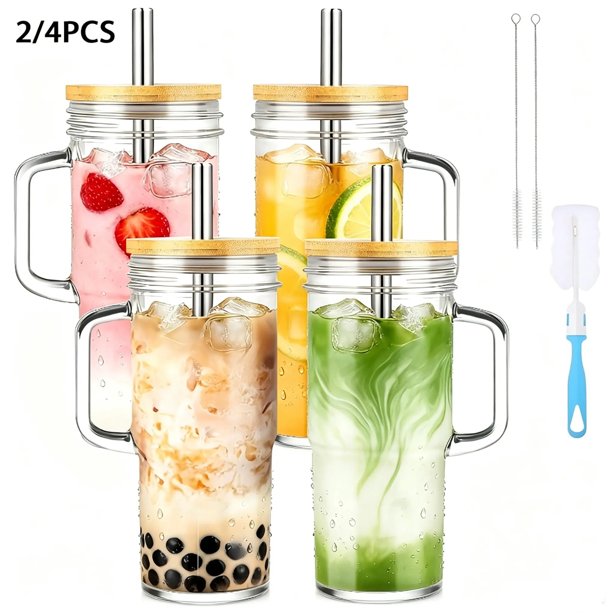 24oz Clear Bamboo Lid Straw Mason Jar Set, 2 or 4 Pieces, Portable Travel Glass Cups, Includes Silicone Lid & Cleaning Brush, Ideal for Cold Hot Drinks