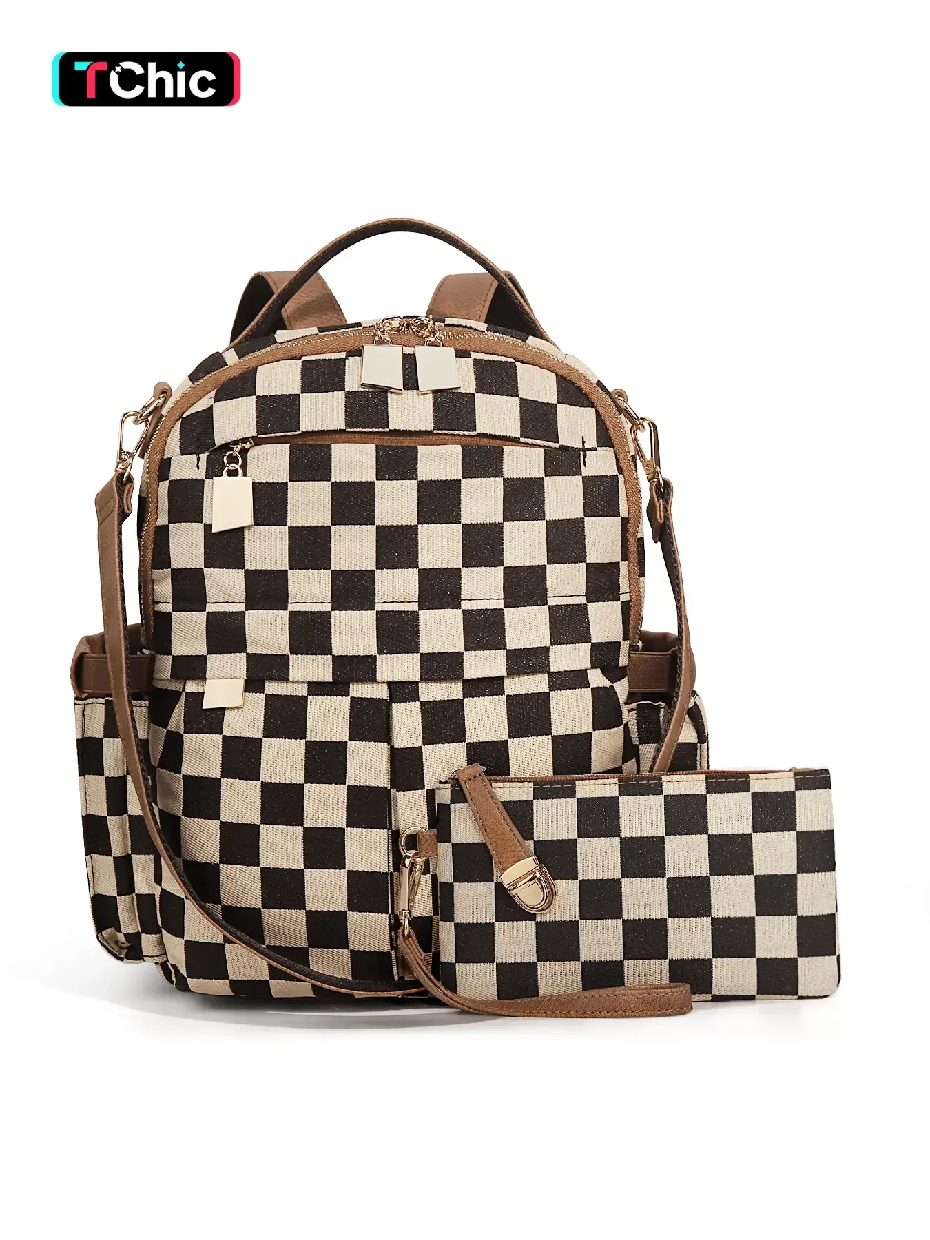 Womens Checkered Plaid Pattern Backpack Purse Set Fashion Work Travel Backpack Purse for Women Designer Ladies Anti-Theft Shoulder Bags with Wristlet Multipurpose for for Mother Girls Travel Gifts Everyday Use