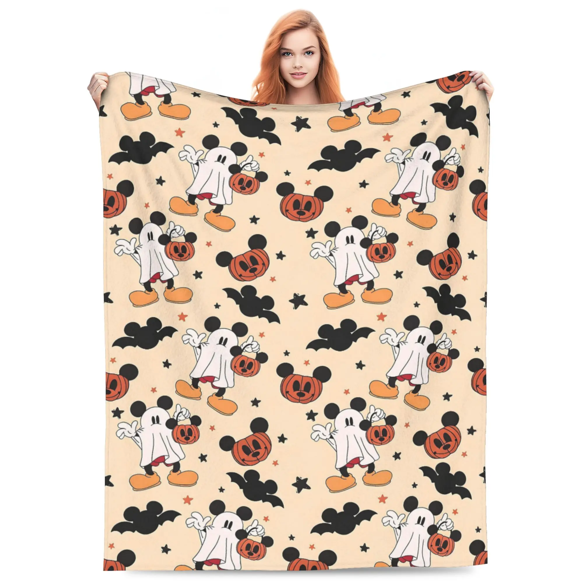 DISNEY CLASSIC Mickey Ghost Halloween Throw Blanket, Cute Ghost Mickey Pumpkin Bat Star Seamless Pattern, Soft Flannel Lightweight Cozy Blanket for Sofa Bed Halloween Home Decor