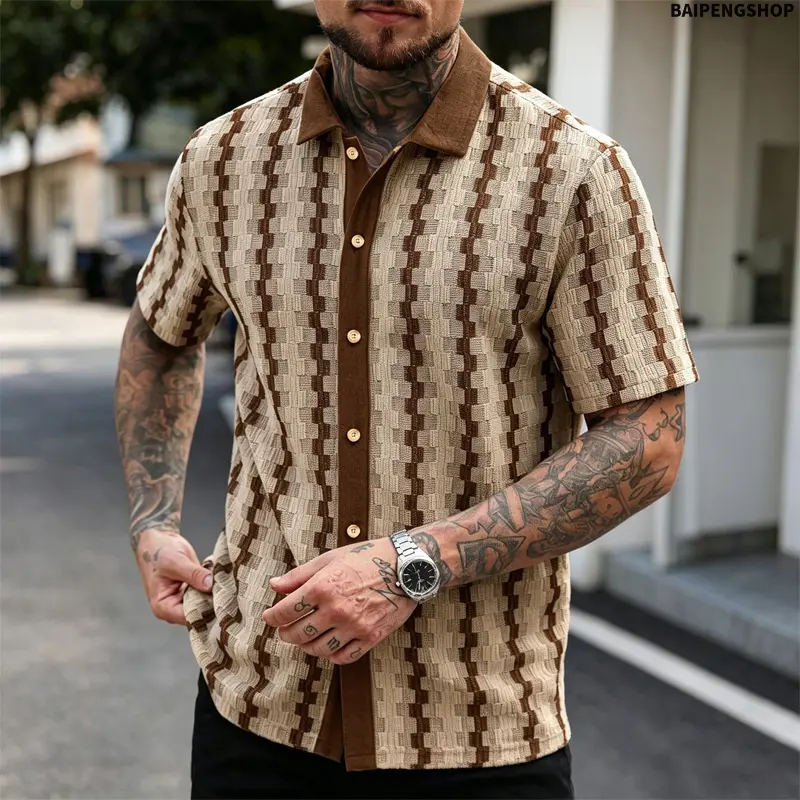 Men's Crochet Knit Shirt, Casual Loose-Fitting Shortsleeve Top with a Lace-Up Neck, Lightweight Hollow-Out Menswear for the Beach, Striped, Plaid, Polyester, Trendy Menswear, Stripe, Beach Wear, Beachwear, Short Sleeve, M, Male