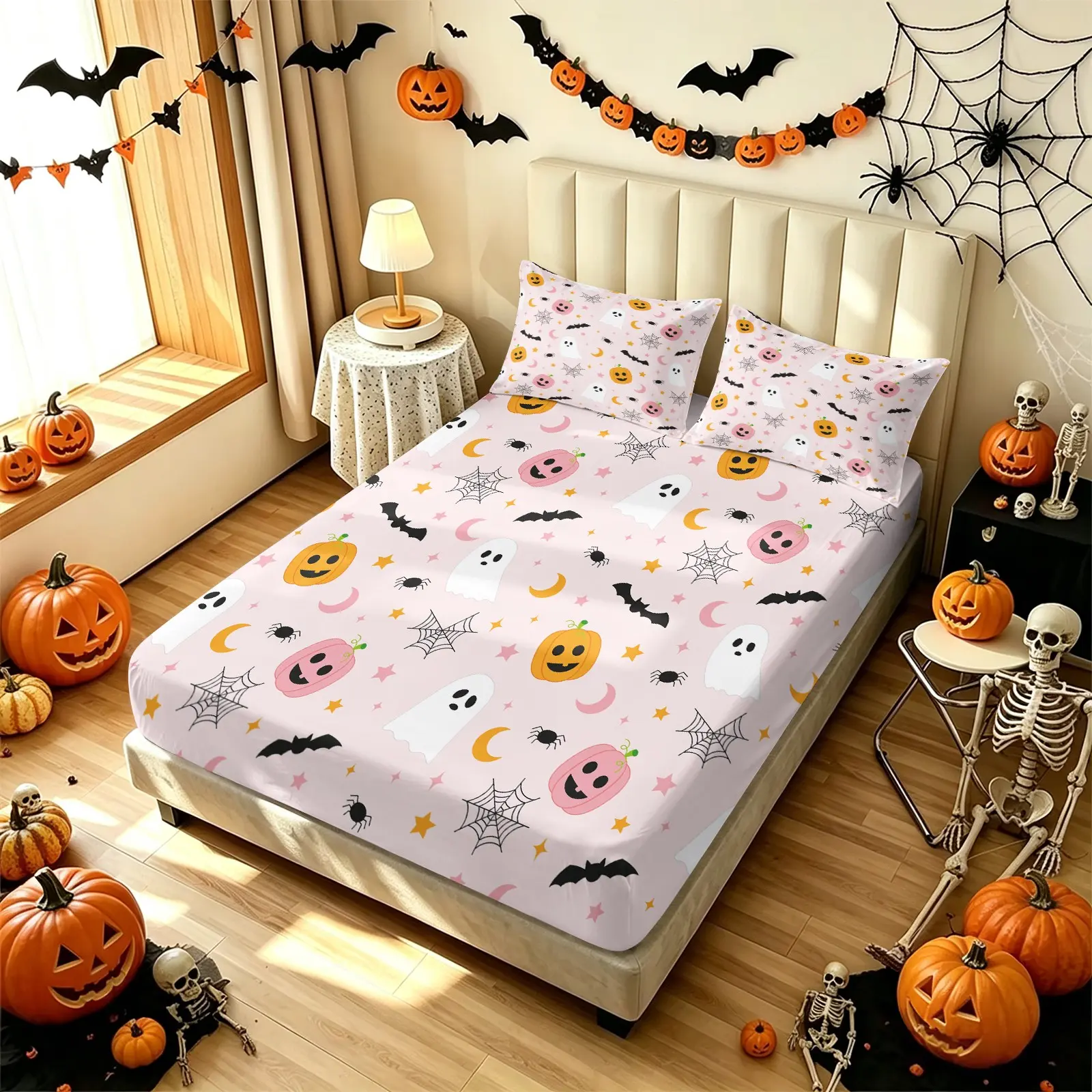3Pcs Cute Girl Halloween Fitted Sheet Set, 2 Pillowcases(No Inserts), Light Pink Ghost Bat Seamless Print, Deep Pocket Wrinkle-Resistant Machine Washable, All-Season Bedding, For Girls & Kids Bedroom, Recommended Gift.