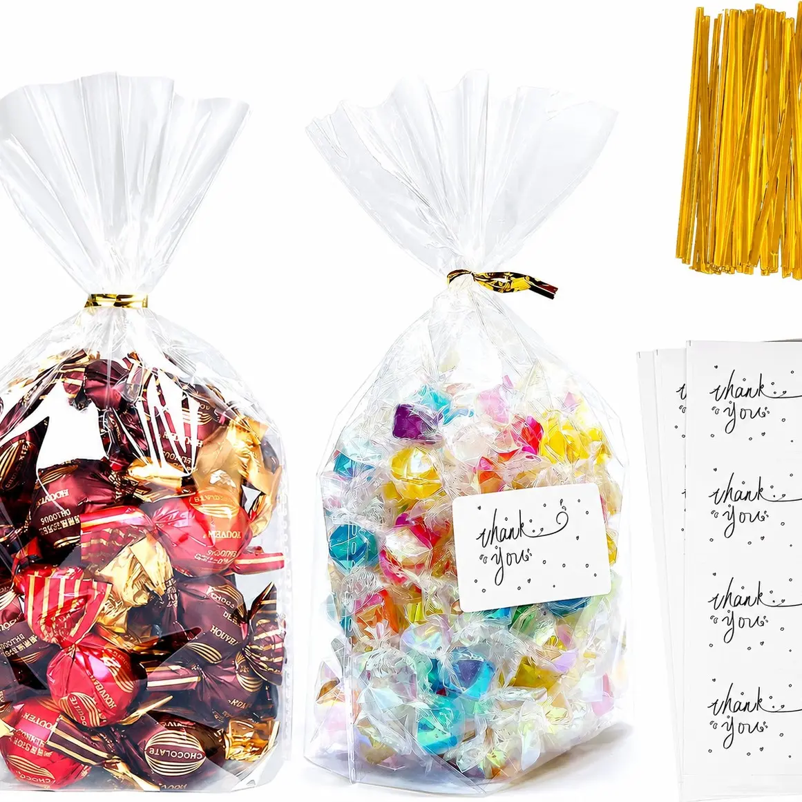 Transparent Glass Paper Bags with Thank You Stickers, Gift Wrapping Bags for Parties, Candies, Cookies, Chocolate, Holiday Gifts