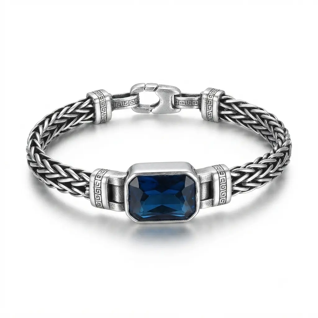 Men's 925 Sterling Silver Blue Gemstone Bracelet - Male Grunge Look Men's Accessories, Multi-Size Vintage Streetwear, Dark Academia Statement Wristwear Gift