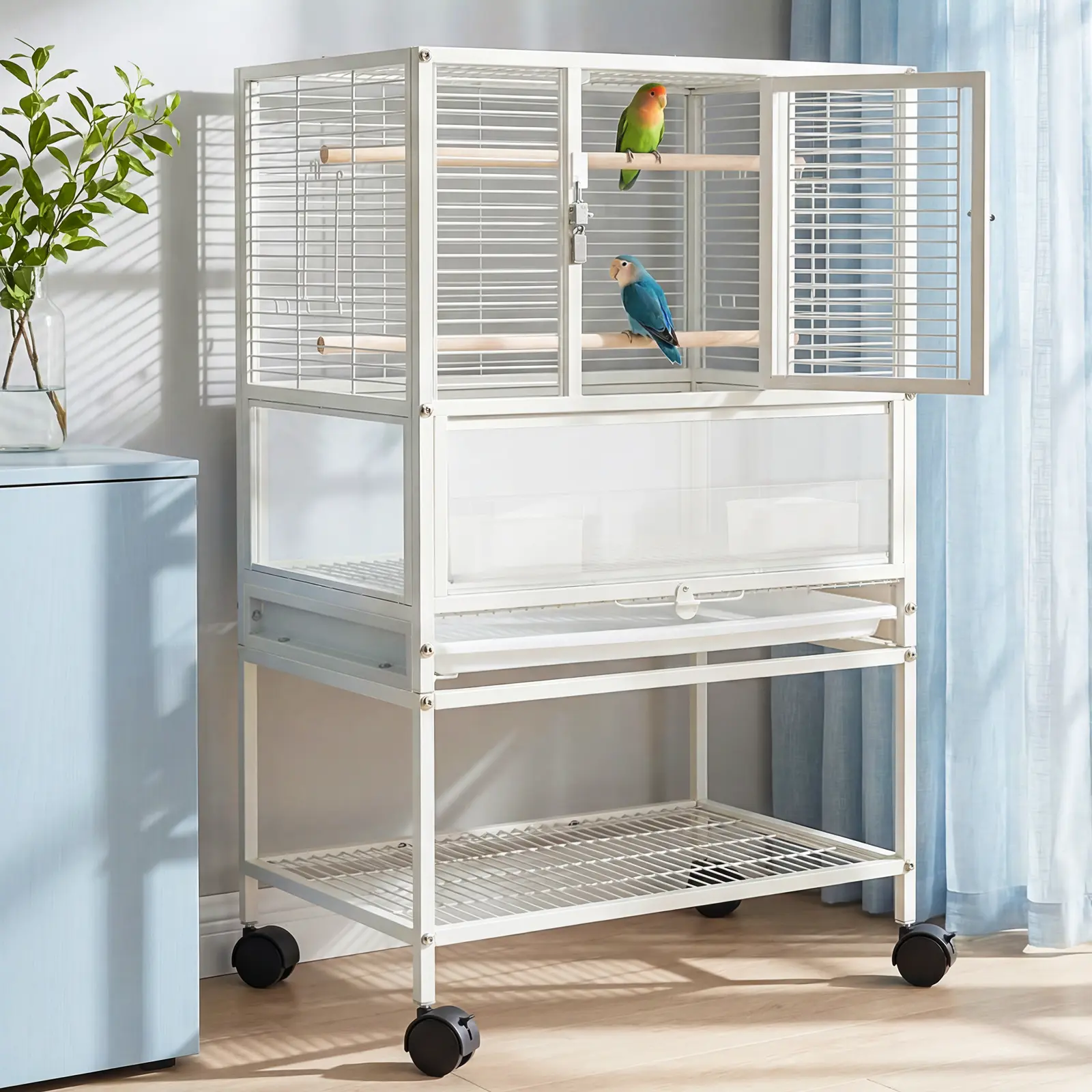 Small Bird Travel Cage with Detachable Stand, Acrylic Panels, Storage Shelf, Slide-Out Tray & Locking Casters