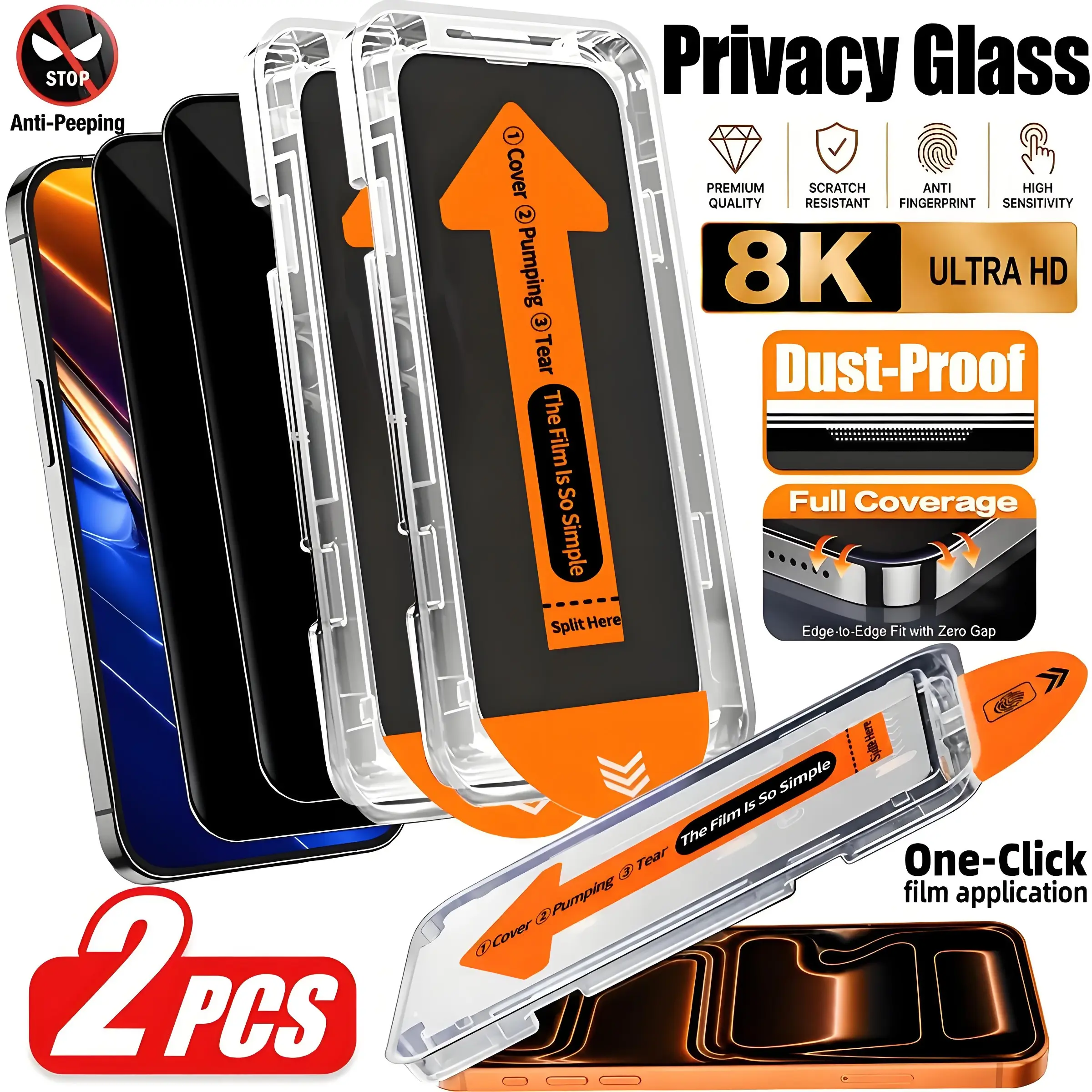 2-Pack Privacy Tempered Glass Screen Protector, Includes a Pull-tab Automatic Application Tool. Compatible with 18 Pro Max/18 Pro/18/17 Pro Max/16 Pro/15/14/13/12/11/X/e/Plus/Mini Series. High Light Transmittance, with Privacy Protection