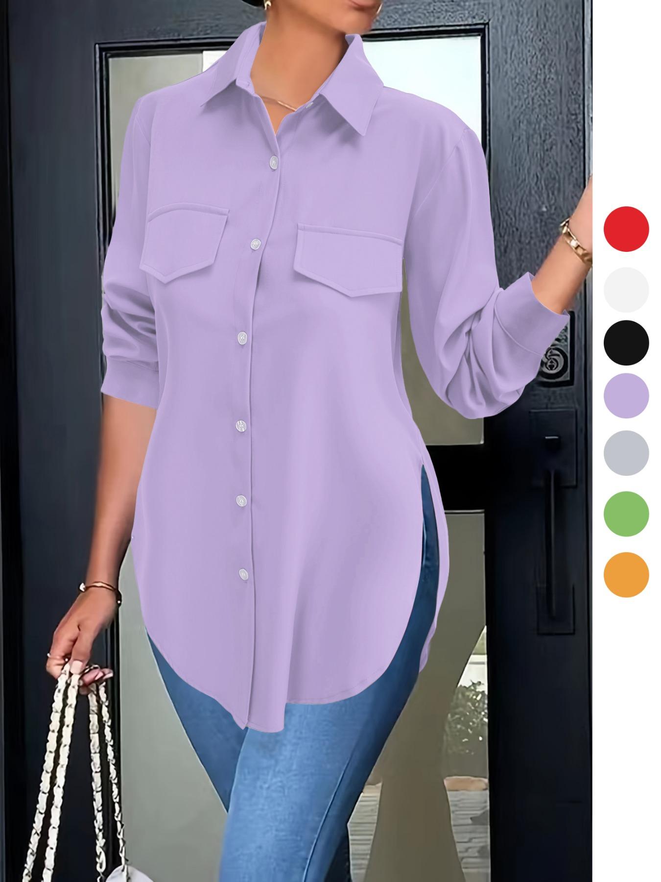 Women's Plain Button Front Split Hem Shirt Blouse, Casual Long Sleeve Collared Top for Spring & Fall, Summer Outfits 2024, Women's Clothing for Daily Wear
