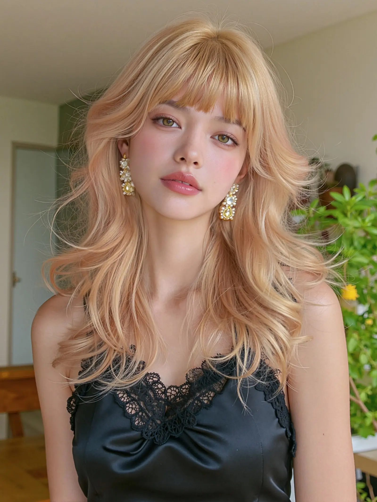 18inch Golden Blonde Layered Wavy Synthetic Wigs with Bangs for Women Natural Look Blonde Party Cosplay Hair Wigs Heat Resistant