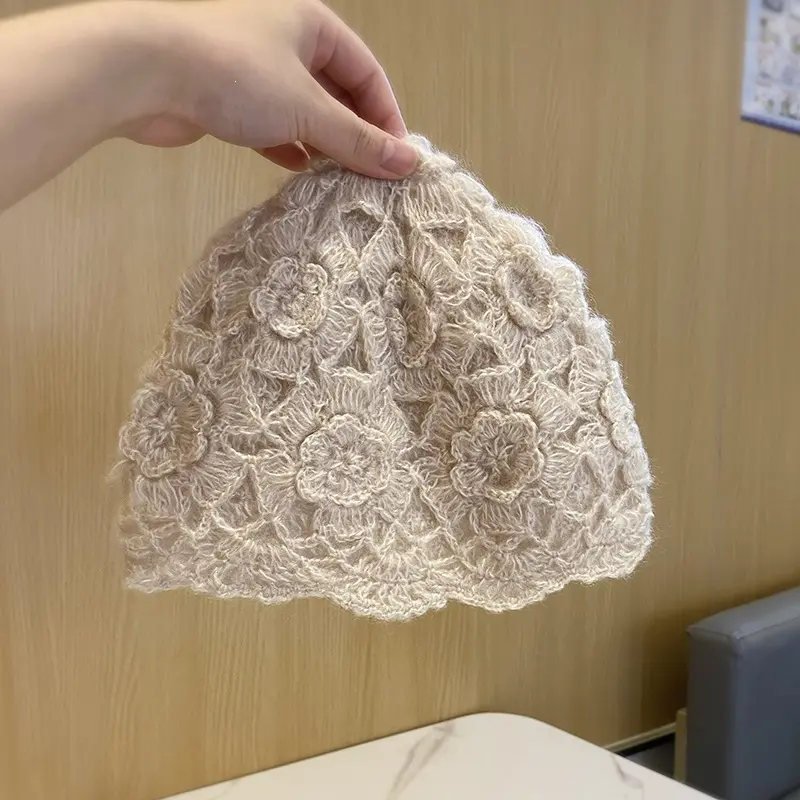 Effortless Fuzzy Floral Lace Crochet Knit Beanie Bonnet Skull Cap Breathable Bad Hair Day Cover Lightweight Scalloped Hem Packable Daily Travel Headwear