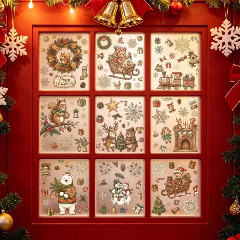 9sheets/set Christmas Window Stickers, Reindeer Squirrel Bear Snowman Garland static cling sticker, Winter Festival Decorations, Holiday Party Glass Window Decals