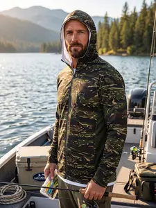 Men's Fish Print Sporty Fitted Jersey, Long Sleeve Breathable Summer Outdoor Clothing, Men's Fishing Apparel, No Button, with Collar